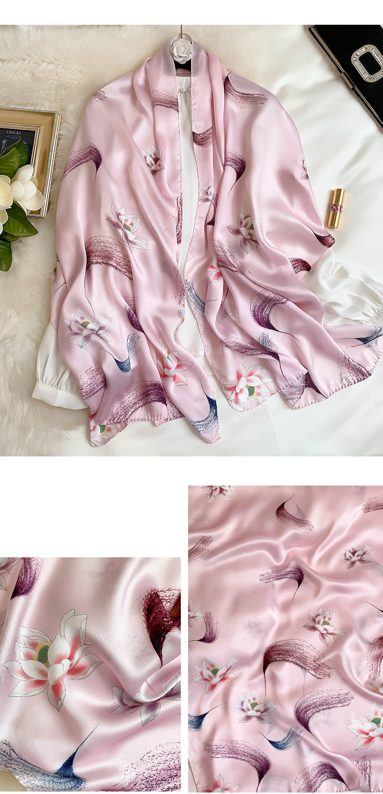 Elegant Lotus Floral Print 100% Silk Scarf - Power Day Sale