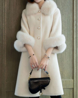 Faux Fur Long Sleeves Turndown Collar Polyester Casual Coat