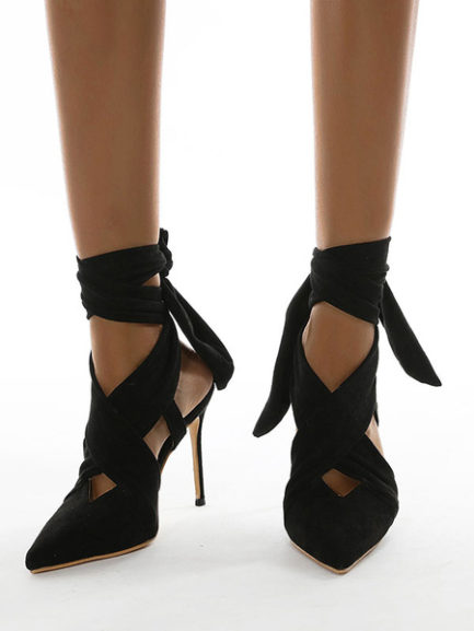 High Heels Pointed Toe Micro Suede Upper Tie Stiletto Heel - Power Day Sale