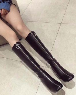 Knee-High Square Toe Chunky Heel PU Leather Boot
