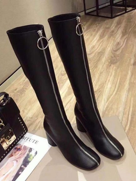 Knee-High Square Toe Chunky Heel PU Leather Boot - Power Day Sale