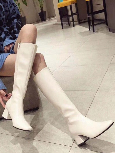 Knee-High Square Toe Chunky Heel PU Leather Medium Shaft Boot