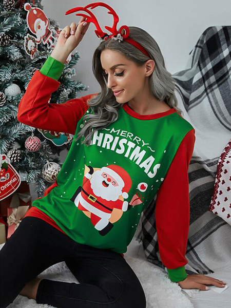 Long Sleeves Polyester Christmas Pattern Jewel Neck T Shirt