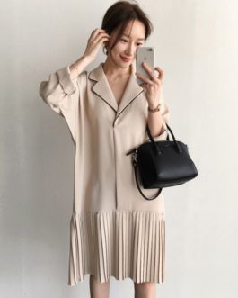 Notched Collar Solid Pleated Shirt Dress