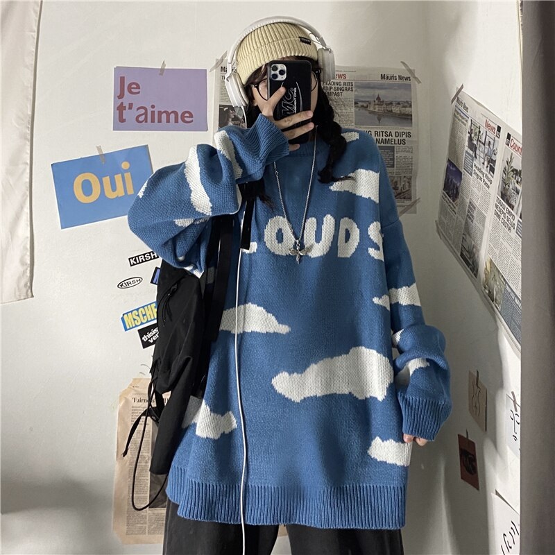 Retro Letter Jacquard Loose Long Sleeve Sweater