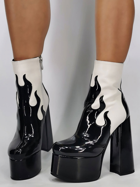 Round Toe Zipper Artwork Chunky Heel Over The Knee Patent PU Boots ...