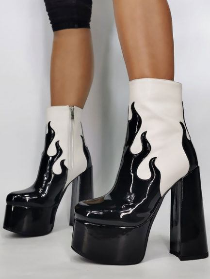 Round Toe Zipper Artwork Chunky Heel Over The Knee Patent PU Boots ...