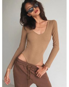 Sexy U Neck Solid Color Long Sleeve Bodysuit Top