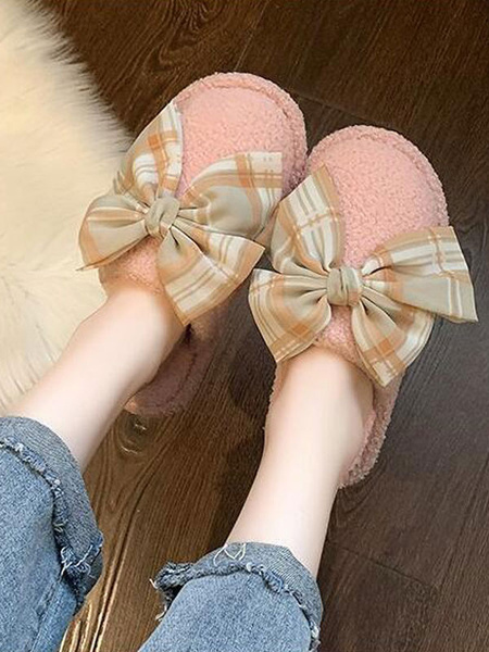 Sweet Plush Bow Open Toe Knitting Wool Upper Slippers