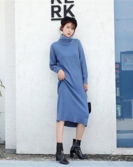 Thicken Warm Long Sleeve Solid Turtleneck Knitted Loose Sweater Dresses