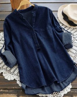 Casual Buttons Adjustable Sleeve Denim Blouse
