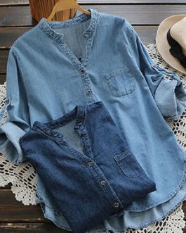 Casual Buttons Adjustable Sleeve Denim Blouse