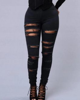 Casual Skinny Random Ripped Solid Jeans