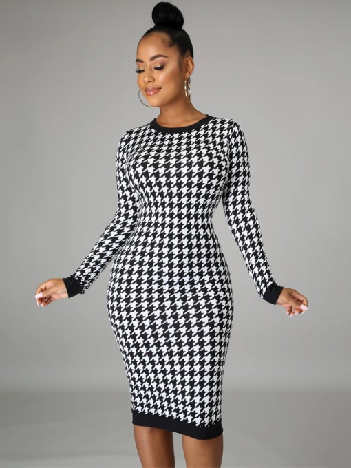 Houndstooth Long Sleeve Maxi Dress - Power Day Sale