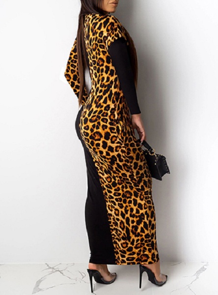 Large Leopard Print Insert Long Bodycon Dress - Power Day Sale