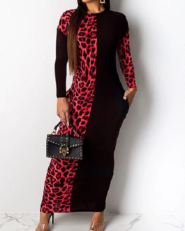 Large Leopard Print Insert Long Bodycon Dress