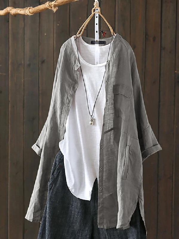 Long Sleeve Button Down Cotton Asymmetric Vintage Blouse - Power Day Sale