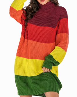 Patchwork High Neck Knit Long-sleeved Casual Sweater