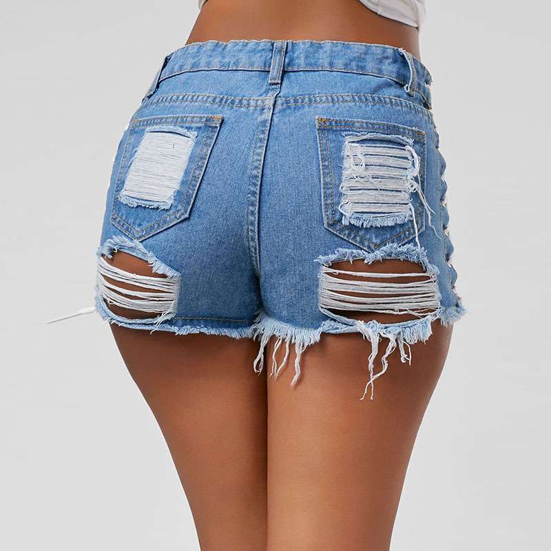 Sexy Hollow Lace-up Ripped Denim Shorts - Power Day Sale