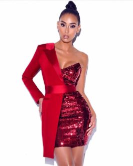 Sexy One Shoulder Long Sleeve Mini Body con Sequins Dress