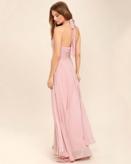 Sexy Solid Color Chiffon Backless Halter Pattern Party Dress