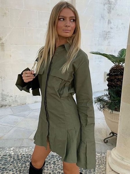 Shift Turndown Collar Buttons Long Sleeves Polyester Layered Midi Shirt Dresses