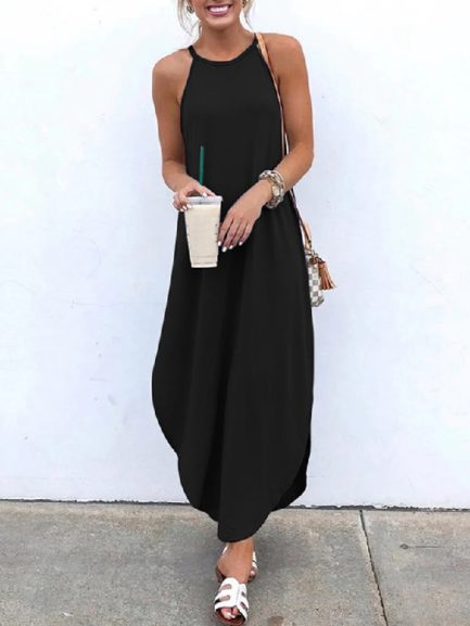 Sleeveless Straps High Low Hem Solid Causal Maxi Dress - Power Day Sale
