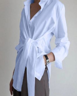 Solid Color Wrap Lapel Long Sleeve Casual Shirts