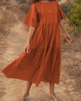 Casual Square Neck Half Sleeve Pleated Maxi Dress