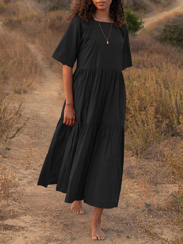 Casual Square Neck Half Sleeve Pleated Maxi Dress - Power Day Sale