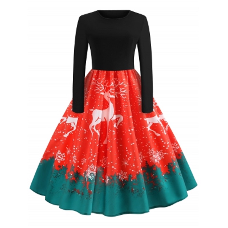 Christmas Elk Print Fit and Flare Dress