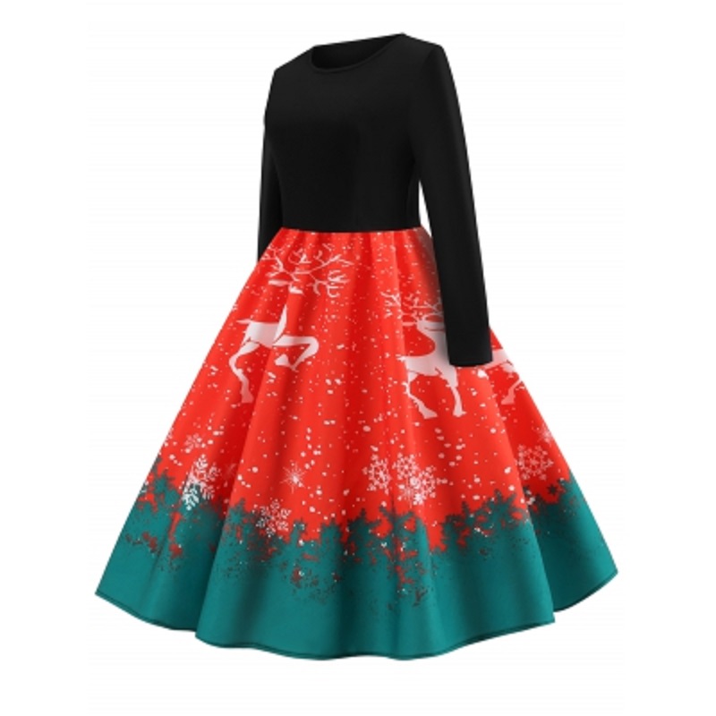 Christmas Elk Print Fit and Flare Dress - Power Day Sale