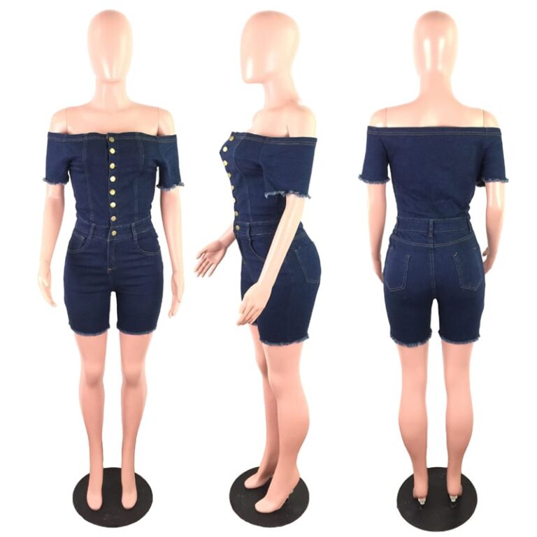 Fashion Off-The-Shoulder Single-Breasted Denim Rompers - Power Day Sale