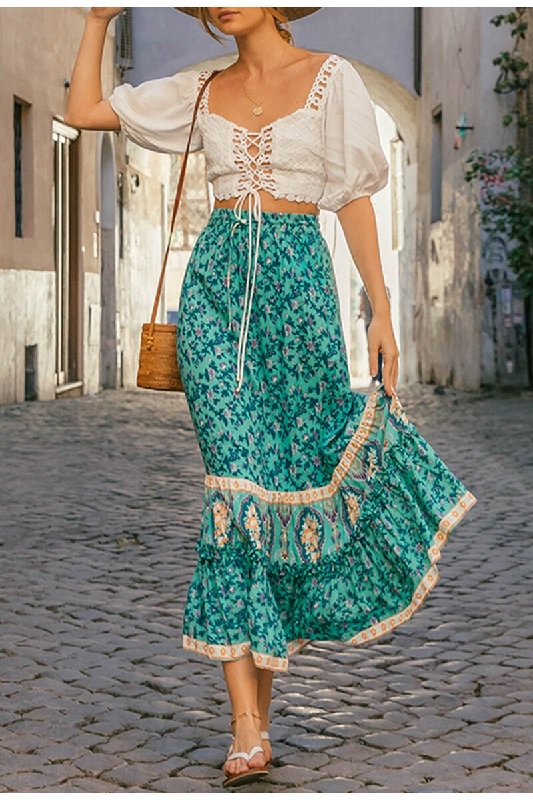 Floral print Roman style sash bottoms A-line long skirt - Power Day Sale