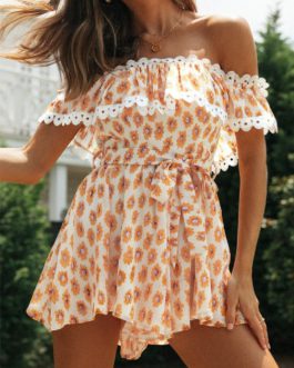 Floral print off-shoulder ruffle casual Fashion lace-up romper