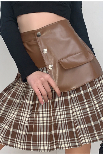 High street leather patchwork pleated skirts - Power Day Sale