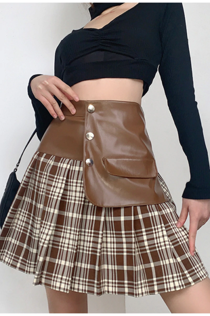 High street leather patchwork pleated skirts - Power Day Sale