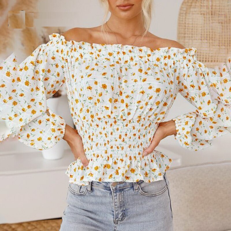 Off shoulder print chiffon ruffle casual short top
