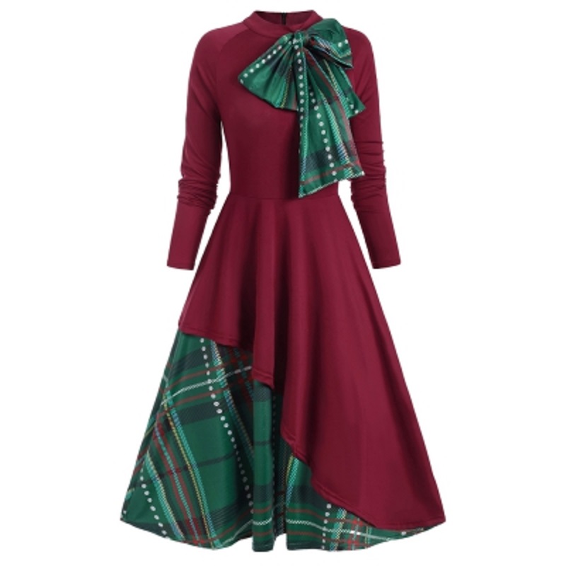 Plaid Contrast Bowknot Long Sleeves Overlay Dress