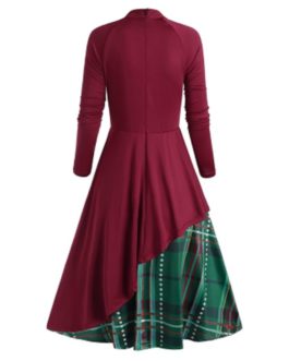 Plaid Contrast Bowknot Long Sleeves Overlay Dress