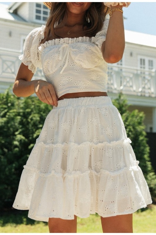 Roman style puff sleeve top and embroidery skirt Bow sash 2 pieces Set ...