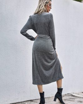 Solid Vintage V Neck Knitted Long Sleeve Dress