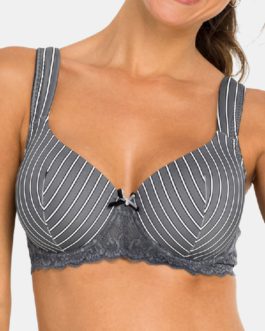 Stripe Push Up Gather Lace Bow Lightly Lined Wide Straps Bra