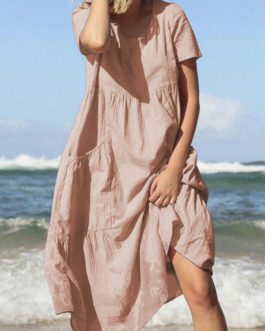 Beach Cotton Loose Casual Dress with Pockets