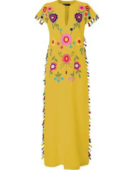 Bohemian Floral Tassel High Split Long Maxi Dress