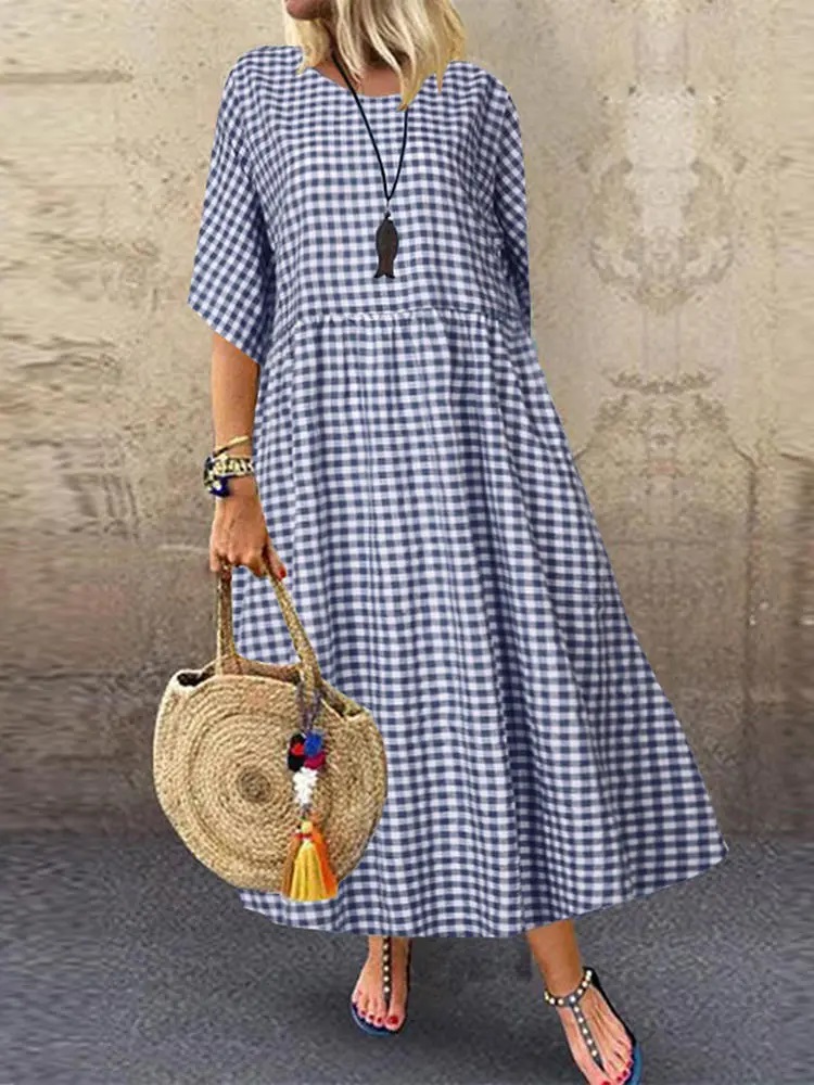 Casual Loose Plaid Print O-Neck Half Sleeve Dress
