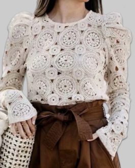 Chic Lace Hollow Out Long Sleeve O-neck Causal Blouse
