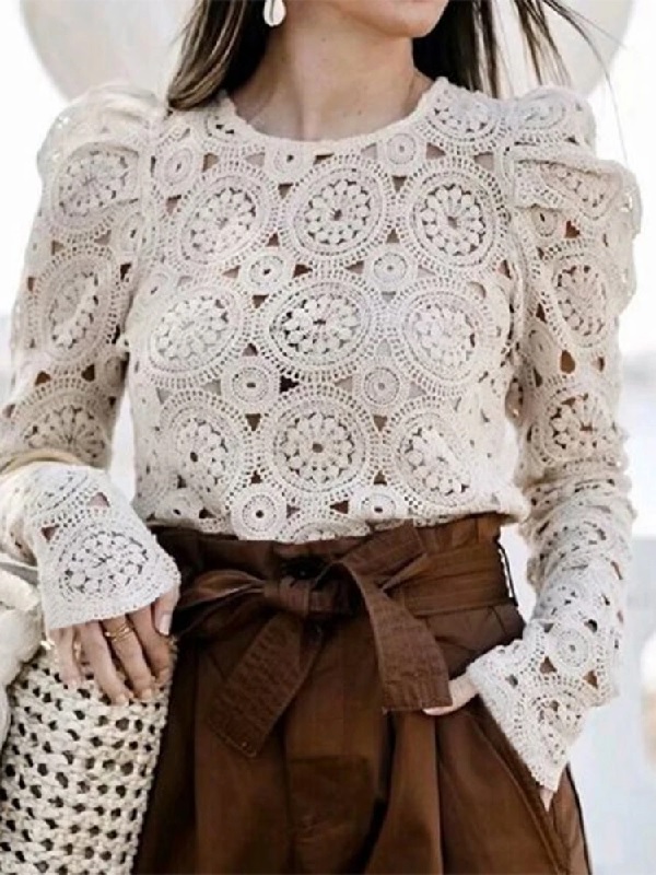 Chic Lace Hollow Out Long Sleeve O-neck Causal Blouse - Power Day Sale
