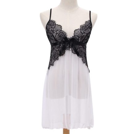 Contrast Lace Patchwork Nightwear Mesh Dress - Power Day Sale