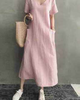 Cotton Short Sleeve V-neck Side Pocket Solid Midi Dress